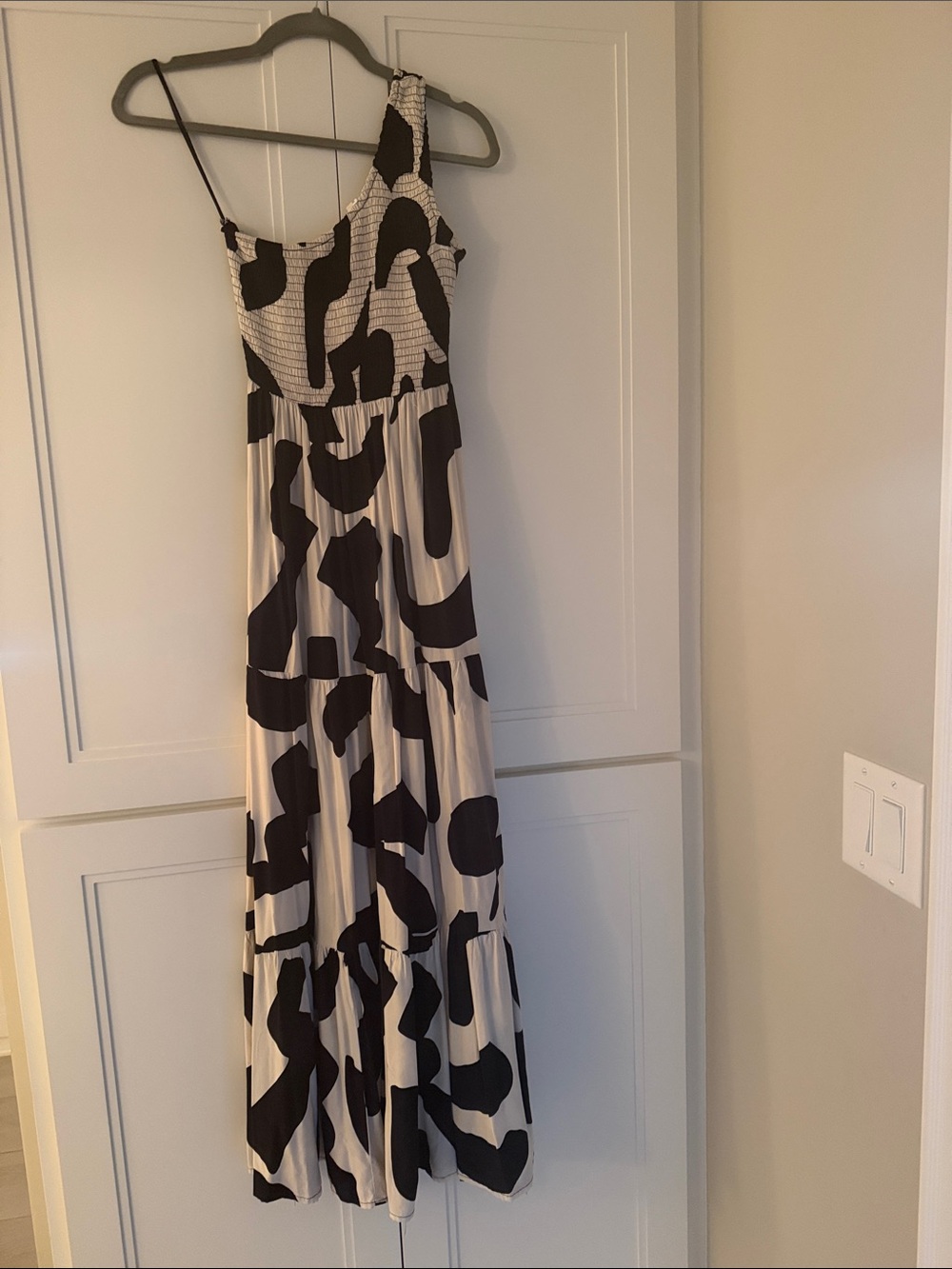 One-Shoulder Black and Cream Tiered Maxi Dress